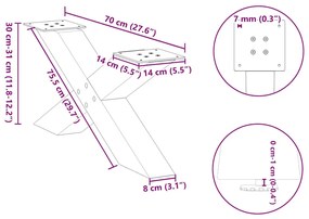 Pés para mesa de centro em formato de X, 2 peças, aço natural, 70x(30-