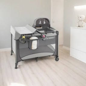 Berço e Centro de atividades bebés portátil 5 em 1 com berço de proteção, trocador de fraldas, colchão removível, 2 rodas, 110 x 78 x 78 cm, cinza