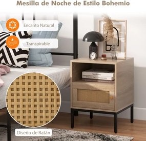 Mesa de cabeceira de estilo boémio com estante aberta e porta Decoração em rattan para sala de estar Quarto Natural