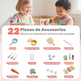 Cozinha infantil canto 102 × 100 × 94 cm com luzes e sons, frigorífico de duas portas, Geleira, micro-ondas e arrumação em madeira para crianças a par