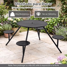 Conjunto de Mesa de Piquenique Redonda e 4 Cadeiras, 168 x 73 cm, Estrutura Metálica Resistente às Intempéries, Preto