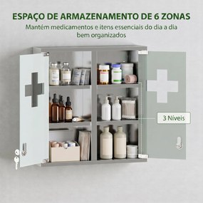 Armário de Medicamentos de Parede com Fechadura Portas de Vidro Prateleiras e 2 Chaves para Casa de Banho e Cozinha 46x12x48 cm Prateado