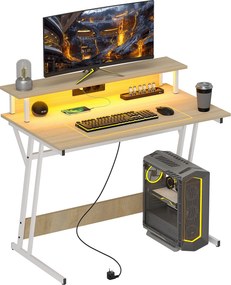 Secretária Gaming com Luzes LED 100x60x88,5 cm com Tomadas de Corrente Suporte para Monitor Prateleiras e Controlo Remoto Madeira