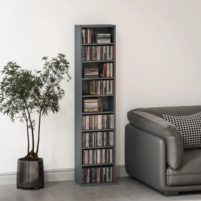 Organizador para CD e DVD com 9 compartimentos e 6 prateleiras ajustáveis; capacidade máxima de 260 CD/120 DVD; 33 x 24 x 140 cm; cinzento