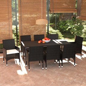 vidaXL 9 pcs conjunto de jantar p/ jardim c/ almofadões vime PE preto