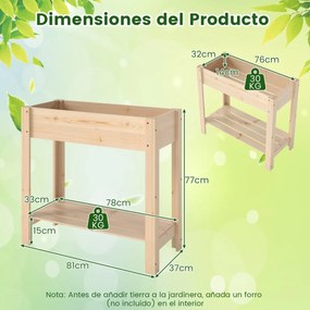 Floreira de Jardim 81 x 37 x 77 cm Elevada de Madeira com Pernas Floreira Elevada com Estante Drenagem Caixa de Plantação Interior e Exterior Floreira