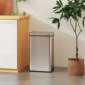 Caixote do lixo com sensor de 60 L com tampa de fecho suave 39 x 27 x 66 cm, caixote do lixo automático de cozinha em aço inoxidável, prateado