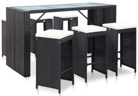 7 pcs conjunto bar para jardim c/ almofadões vime PE preto