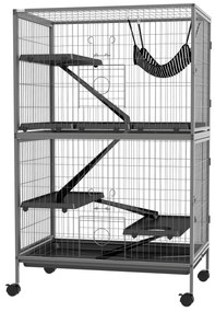 Gaiola para Roedores 80x52x128 cm Casa de 4 Alturas com Rampas Suspensa Rede Bandeja Removível Rodas Cinza Prateado