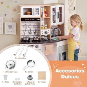 Cozinha de brincar para crianças 75 x 36 x 96 cm de madeira com som e luz Fogão Pia Exaustor Acessórios de cozinha cinza e natural