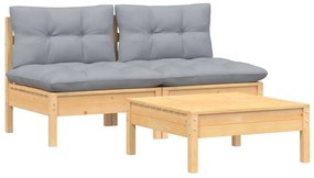 3 pcs conjunto lounge de jardim c/ almofadões cinzentos pinho