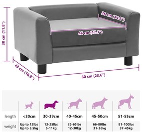 Sofá para cães 60x43x30 cm pelúcia e couro artificial cinzento