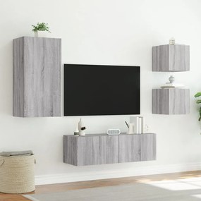 4 pcs móveis de parede para TV com luzes LED cinzento sonoma