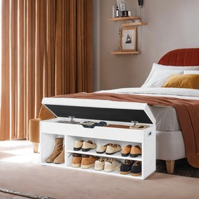 Banco sapateira com espaço de arrumação, estofado, com 3 compartimentos abertos 30 x 100 x 44 cm branco 