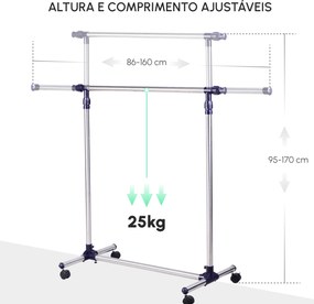 Charriot com Altura Ajustável Cabideiro com Rodas para Roupas Aço Inoxidável 86-160x45x95-170cm Prata e Preto