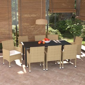 vidaXL 9 pcs conjunto jantar p/ jardim c/ almofadões vime PE bege