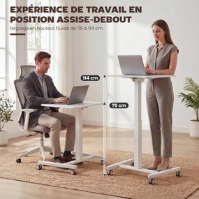 Secretária para trabalhar em pé com altura ajustável  60,5 x 52 x 75-114 cm, tampo inclinável, Rodas e estrutura em aço branco