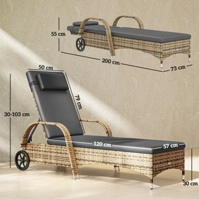 Espreguiçadeira de praia com colchão, inclinação ajustável em várias posições, apoios de braços e rodas, 200 x 73 x 30-103 cm, amarela