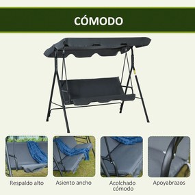 Outsunny Baloiço de Jardim de 3 Lugares com Almofada Toldo Ajustável e Estrutura de Metal para Balcão Terraço Patio Carga Máx. 200kg 172x110x153cm Cinza