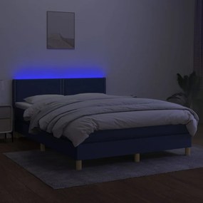 Cama box spring c/ colchão e LED 140x190 cm tecido azul