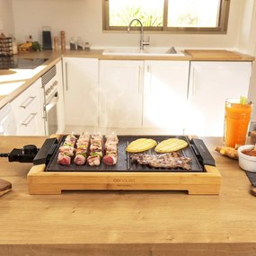 Grelhador elétrico com 2000 W, Estrutura de bambu Tasty&Grill 2000 Bamboo MixStone, Termóstato ajustável, Superfície mista Grill e grelha, Revestiment