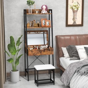 Toucador maquiagem em formato de escada com cadeiras de painel duplo, compartimentos ocultos e banco acolchoado Preto + Castanho Rústico