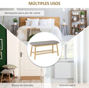 HOMCOM Banco Sapateiro Moderno Móvel de Entrada de Bambú com Assento Acolchoado e Prateleira para Sapatos Entrada Corredor 90x34x44cm Cor Natural e Cinza