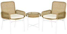 Outsunny Conjunto de Mesa e Cadeiras para Exterior Inclui 2 Cadeiras e 1 Mesa de Centro de Vime com Almofadas para Terraço Natural | Aosom Portugal