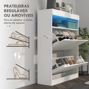 Móvel Sapateira de Entrada com Luzes LED Prateleira Aberta e 2 Gavetas Basculantes para 12-16 Pares 80x24x99,5 cm Branco Brilhante