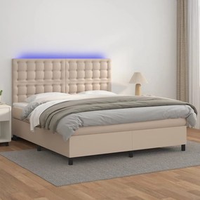 Cama box spring c/colchão/LED 180x200cm couro artif. cappuccino