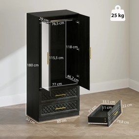 Guarda Roupa com Espelho 2 Portas e 2 Gavetas Relevo de Diamante Barra para Pendurar Estilo Moderno 80x50x180 cm Preto