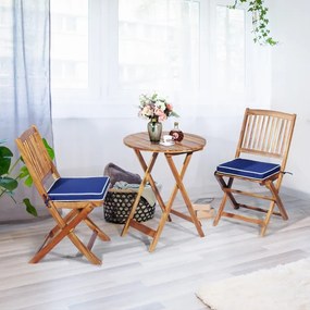 Conjunto 5 Peças Móveis Bistro de Madeira 2 Cadeiras com Almofada Mesa de Madeira de Acácia Mesa de Exterior Dobrável para Terraço Jardim Piscina Azul