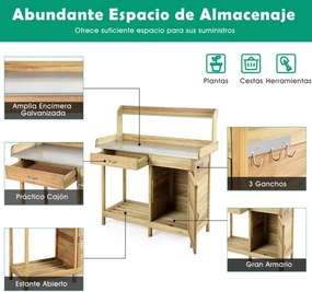 Bancada de trabalho jardim com gaveta, Estante aberta e 3 Ganchos Bancada de jardinagem em madeira para uso exterior Jardim Natural
