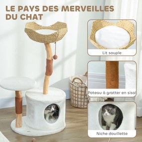Árvore para gatos com torre de brincadeiras, arranhadores, plataforma, cama, compartimentos abertos e almofada macia lavável, 55 x 45 x 102 cm, branco