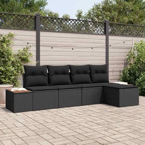 vidaXL Conjunto de Sofá de Jardim de 5 Peças com Almofadas Preto Rattan Poliéster Acácia