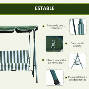 Outsunny Baloiço de Jardim de 3 Lugares com Almofada Toldo Ajustável e Estrutura de Metal para Balcão Terraço Patio Carga Máx. 200kg 172x110x153cm Verde e Branco