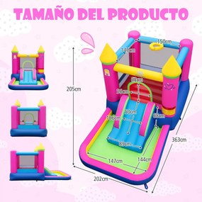 Castelo insuflável de princesa (SEM VENTILADOR) com escorrega Piscina 363 x 202 x 205 cm  com aro de basquetebol Saco de transporte para crianças Mult