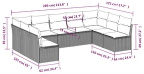 9 pcs conjunto sofás p/ jardim com almofadões vime PE cinzento