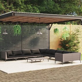 vidaXL 10 pcs conj. lounge jardim c/ almofadões vime PE cinza-escuro