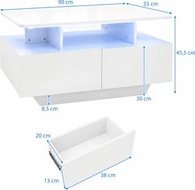 Mesa de Centro, 90 x 55 x 45,5 cm, Iluminação LED Regulável, Branco