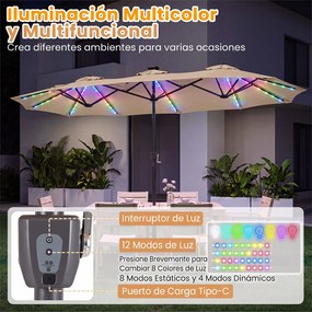 Guarda-sol Duplo Retangular de Exterior com base, 370 x 200 cm, 108 Luzes LED, Bege