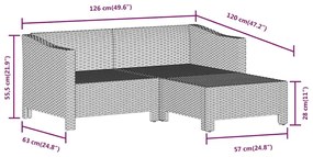 3 pcs conjunto lounge de jardim c/ almofadões vime PE cinzento
