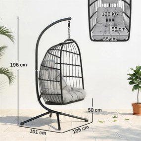 Cadeira Suspensa com Suporte Cesto Dobrável de Vime Almofada Grossa e Altura Ajustável 101x105x196 cm Cinza Claro