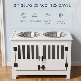 Comedouro Elevado para Cães com 2 Tigelas em Aço Inoxidável 2x2 L, Arrumação 37 L e 2 Portas com Trincos, Branco
