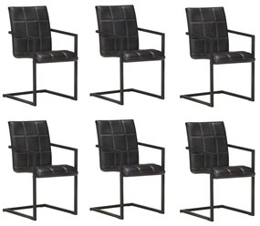 vidaXL Cadeiras de jantar cantilever 6 pcs couro genuíno preto