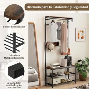 Móvel entrada, Hall 5 em 1 com sapateira, Ganchos e Cabides 80 x 32 x 169 cm Café