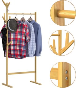 Cabide de bambu com barra para roupas e 8 ganchos 163 x 66 x 40 cm Castanho