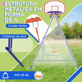 Baloiço para Crianças 3 em 1 com Tabela de Basquetebol e Baliza de Futebol Desmontável e Estrutura de Aço Multicor