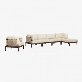 Conjunto De Jardim Com Sofá Modular De 4 Peças Com 2 Cadeirões De Canto, Puff E Cadeirão Em Acácia Giulia Crema - Sklum