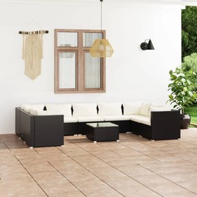 vidaXL 10 pcs conjunto lounge de jardim c/ almofadões vime PE preto